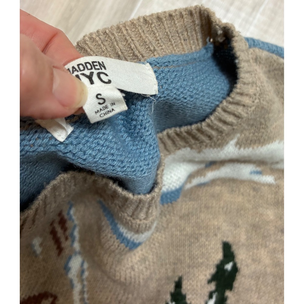 Madden NYC Womens Small Mountain Landscape  Knit Sweater Blue Brown Cropped - Picture 5 of 7